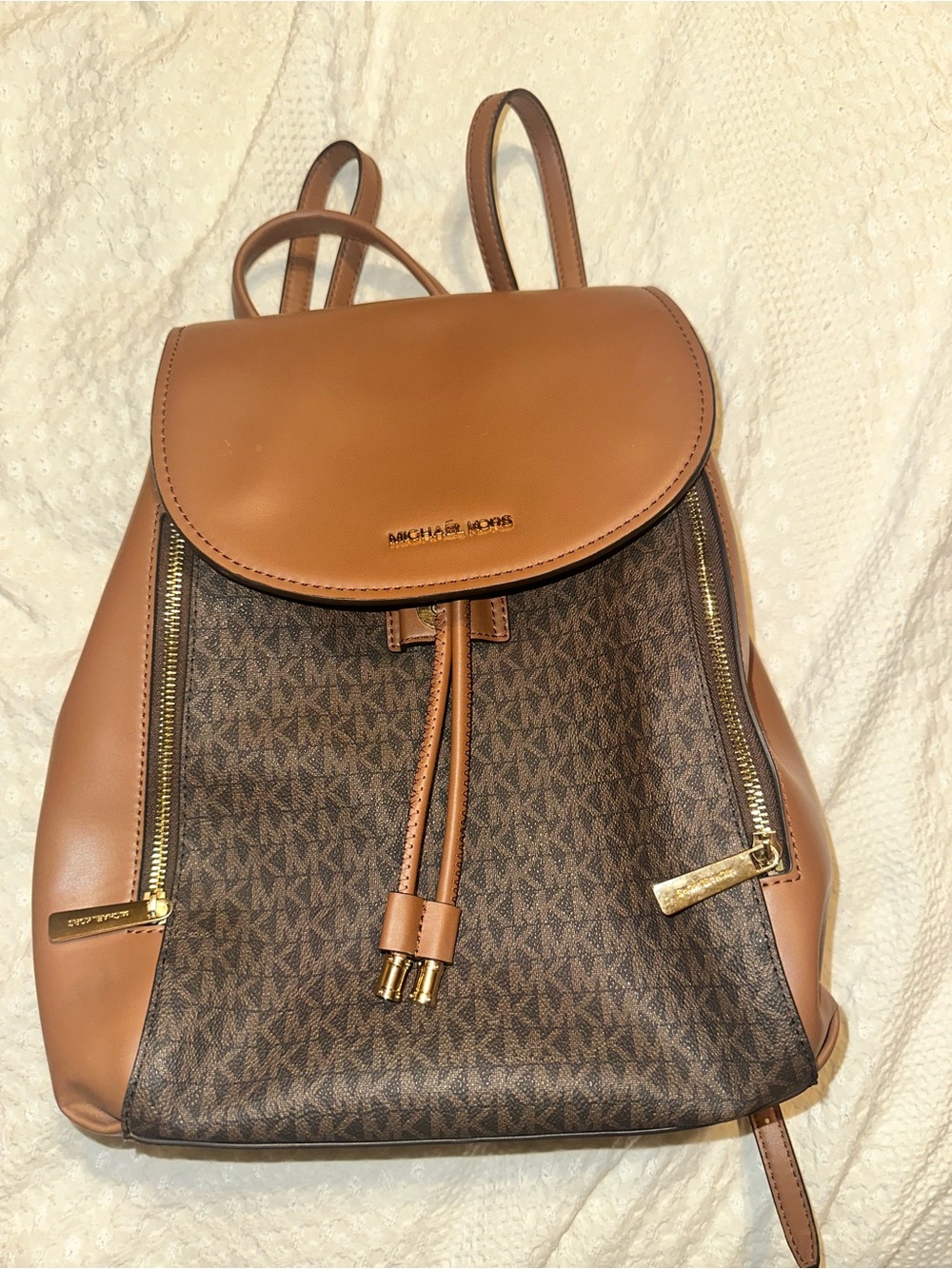 Michael Kors Brown and Tan Monogram Drawstring Backpack